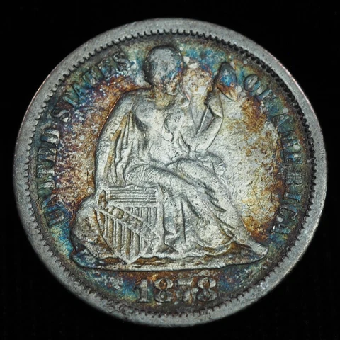 1878 Seated Liberty Dime XF Condition w/ Rainbow Toning Cover