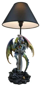 Golden Green Dragon Holding Excalibur Sword With Crystal At Graveyard Table Lamp - Picture 1 of 9