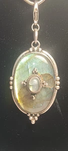 Vintage Large Sterling Silver And Labradorite Pendant Necklace 49" Long - Picture 1 of 8