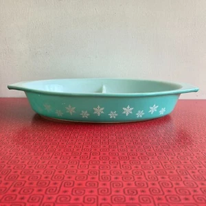 JAJ Pyrex türkis fröhlich Schneeflocke oval geteilte Servierschale MCM C. 50er ohne Deckel - Bild 1 von 6