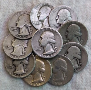 Lot of 10 Silver Washington Quarters 1940's : All Different Dates, Grades, Mints - Picture 1 of 11