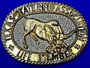 Vintage Texas State Rifle Association TSRAF Life Member Solid Brass Belt Buckle - Picture 1 of 19