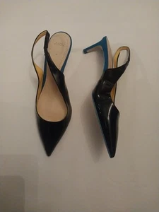 Zara Women’s Slingback Black Patent Leather color Block Aqua Kitten Heels 41 - Picture 1 of 11