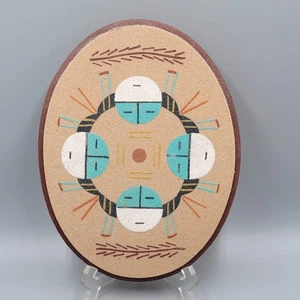 Vintage Navajo Sand Art Painting Wooden Base Signed Oval Houses of the Sun - Picture 1 of 8