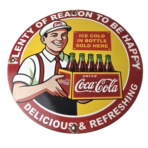 Vintage Coca Cola Porcelain Sign - Ice Cold Soda Bottles Gas Pump Service Sign - Picture 1 of 14
