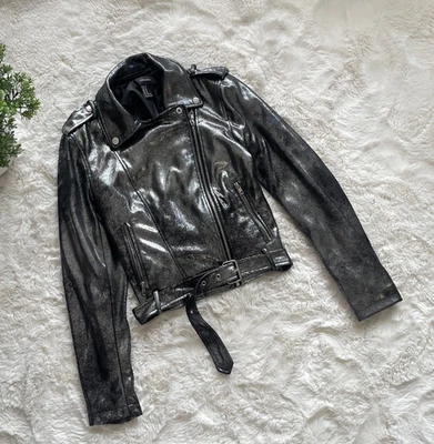 Chaqueta de cuero sintético metálico negro/plateado Forever 21 para mujer - Pre-amada Foto 1 de 4