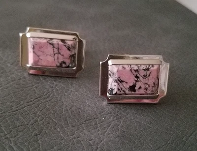 Gemelos vintage de rodonita rosa y negro plateado Foto 1 de 4