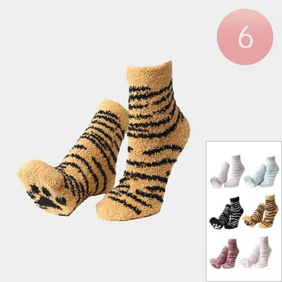 Conjunto de 6 calcetines difusos a rayas de animales acogedor diseño de estampado de pata de microfibra para interiores Foto 1 de 2