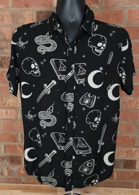 Hot Topic All Over Print Button Down Mens Small Shirt Skull Snake Dagger Rayon - Image 1 of 4