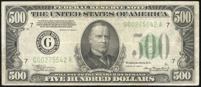 US Paper Money $500 Bill 1934A Federal Reserve Note McKinley NO RESERVE! - Image 1 of 2