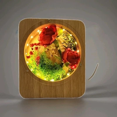Red Preserved Roses, Green Moss And Small Purple Flowers In Light Up Wooden Box - Image 1 of 2