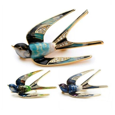 CUTE SWALLOW PIN 1.9" Gold Blue Green Teal Enamel Flying Bird Brooch Rhinestone - Image 1 of 4