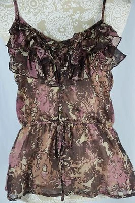 Camiseta sin mangas Mudd Mujer Mediana Ajustable Correa de Espagueti Floral Volantes Semi Transparente Marrón Foto 1 de 4