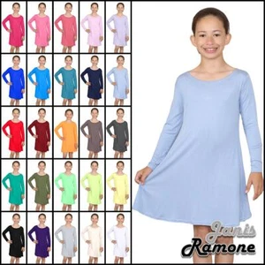Girls Swing Dress Long Sleeve Plain Kids Round Neck Casual Summer Flared Dresses - Picture 1 of 134