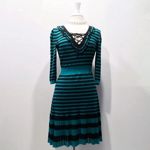 Nanette Lepore | Striped Pointelle Sweater Dress in Green and Black – Size M - Picture 1 of 8