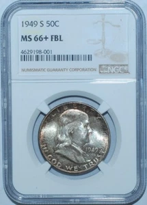 1949 S NGC MS66+FBL Full Bell Lines Franklin Half Dollar Mint Set Toned - Picture 1 of 2