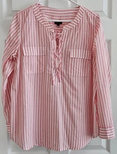 Talbots Lg Blouse Coral Stripe Roll Tab Sleeves Lace Up - Picture 1 of 10