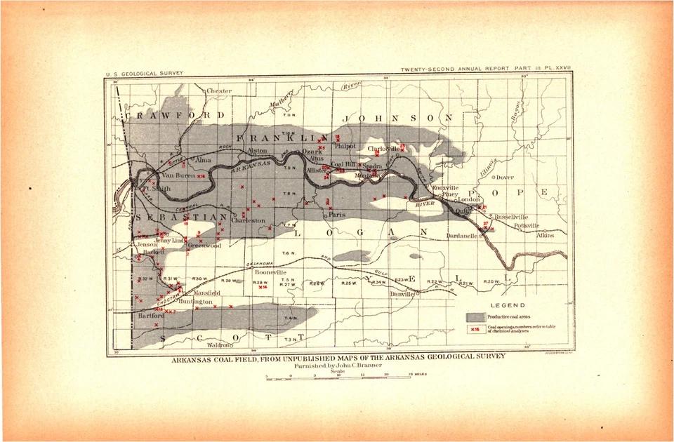 Arkansas Coal Field-1902 USGS Lithograph Map-Mines & River Towns Western Region - Image 1 of 1