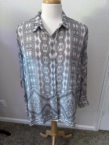 Dazz Black/Gray Collared 3/4-Sleeve Button Up Sheer Print Blouse Plus 2X-3X - Picture 1 of 9