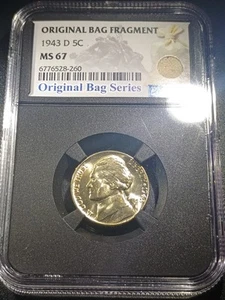 1943 D NGC MS67 - ORIGINAL BAG FRAGMENT Jefferson Nickel 5c US Coin Should Be FS - Picture 1 of 4