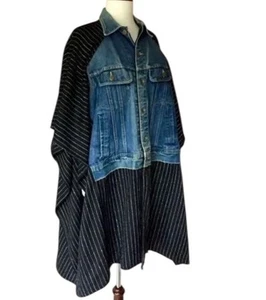Free People Standard Form Black & White Stripe Denim Poncho(One Size) MRSP $268 - Picture 1 of 14