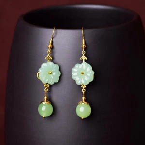 Pendientes Flor Jade Verde Mujer Amuleto Joyería Vintage Plata 925 Real Natural - Imagen 1 de 5