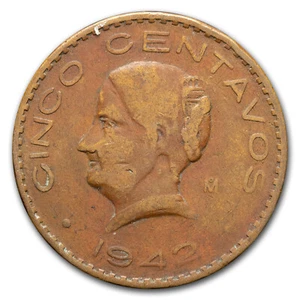 1942 Mexico Bronze 5 Centavos Avg Circ - Picture 1 of 2
