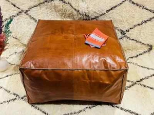 Puf otomano de cuero reposapiés sin relleno marroquí nuevo 30"" marrón boho genuino - Imagen 1 de 12