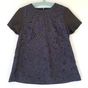 Cue Made In Australia Size 10 Navy Lace Lined Top With Black Sleeves & Back Zip - Picture 1 of 11