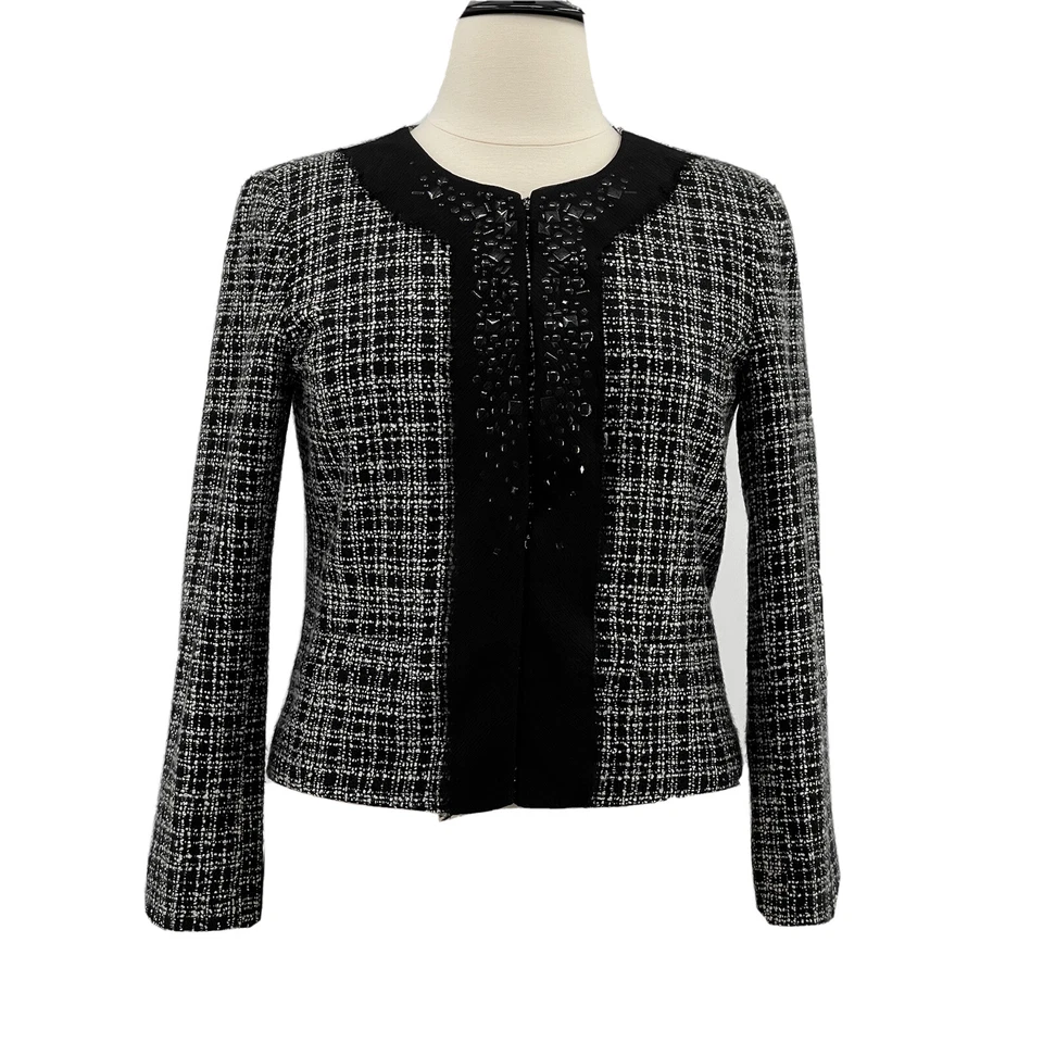 Ellen Tracy Jacket Women’s Black & White Tweed Blazer Rhinestones Size 12 Large - Image 1 of 4