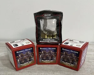 3 BALLQUBE BASEBALL DISPLAY CASE NEW Ball Holder Cube & BCW Gold Base Globe 1A - Picture 1 of 4
