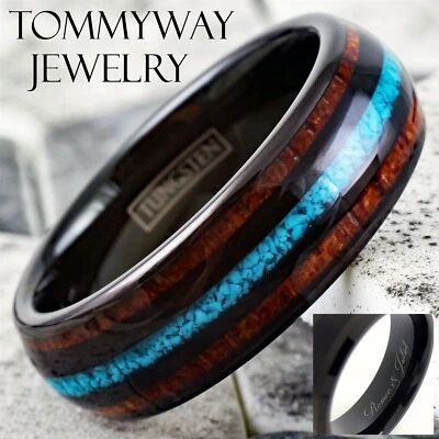 Engraved 8mm Black Tungsten Koa Wood w/ Crushed Turquoise Stripe Men's Ring - Image 1 of 4