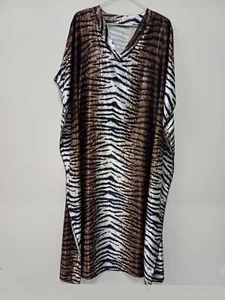 Maxi Dress Women V-neckline Tiger Brown,Black Print Satin Kaftan One Size OSFM - Picture 1 of 15