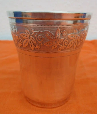 Gobelet timbale argent massif decor feuilles de vignes silver tumbler - Photo 1/4