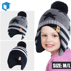 Children's Warm Knitted Bobble Hat with Ear Flaps Fleece Lining Boys Girls Gifts - Picture 1 of 9