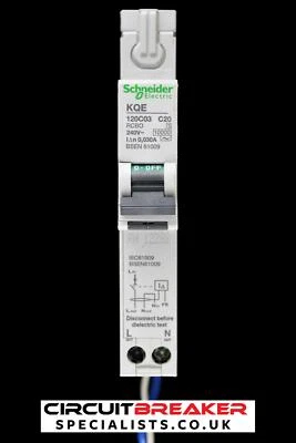 SCHNEIDER 20 AMP CURVE C 10kA 30mA RCBO TYPE AC KQE 120C03 - Image 1 of 4