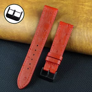 18mm Red Flat Genuine Ostrich Leather Watch Strap Black Buckle Men Watch Band - Picture 1 of 8