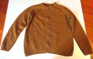 Handknit Ladies Tan 8Ply Pure Wool Moss Stitch Knit Zip Front CARDIGAN - Sz.14 - Picture 1 of 4