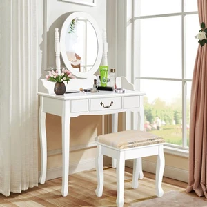 Home Jewelry Makeup Desk Vanity Table Bench Dresser w/Storage Drawer White - Picture 1 of 7