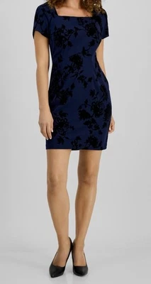 Connected Apparel Blue Square-Neck Flocked Sheath Dress Petite Size 6P - Image 1 of 2