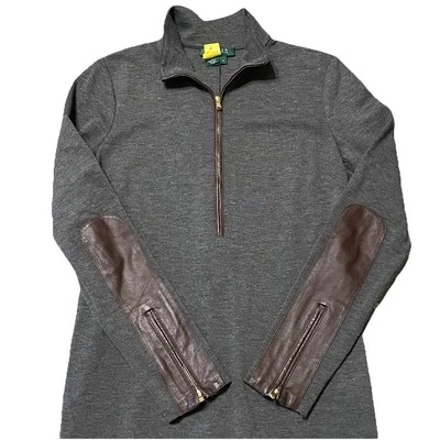 Lauren Ralph Lauren Midi Dress Womens Sz 8 Lamb Leather Trim Gray 1/4 Zip - Image 1 of 4