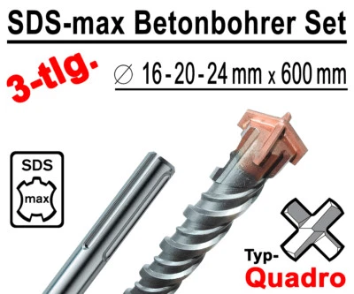 SDS-max Betonbohrer Set 3-tlg Quadro Bohrer Hammerbohrer 16mm 20mm 24mm x 600mm - Bild 1 von 4