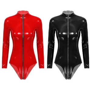 Womens Wet Look PVC Leather Bodysuit Long Sleeve Zipper Leotard Catsuit Clubwear - Picture 1 of 28