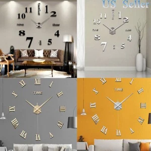 3D Large Mirror Surface Wall Clock Modern DIY Sticker Office Home Shop Art Decor - Picture 1 of 20
