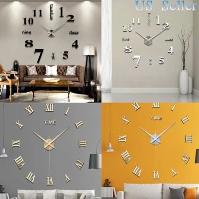 3D Large Mirror Surface Wall Clock Modern DIY Sticker Office Home Shop Art Decor - Image 1 of 4