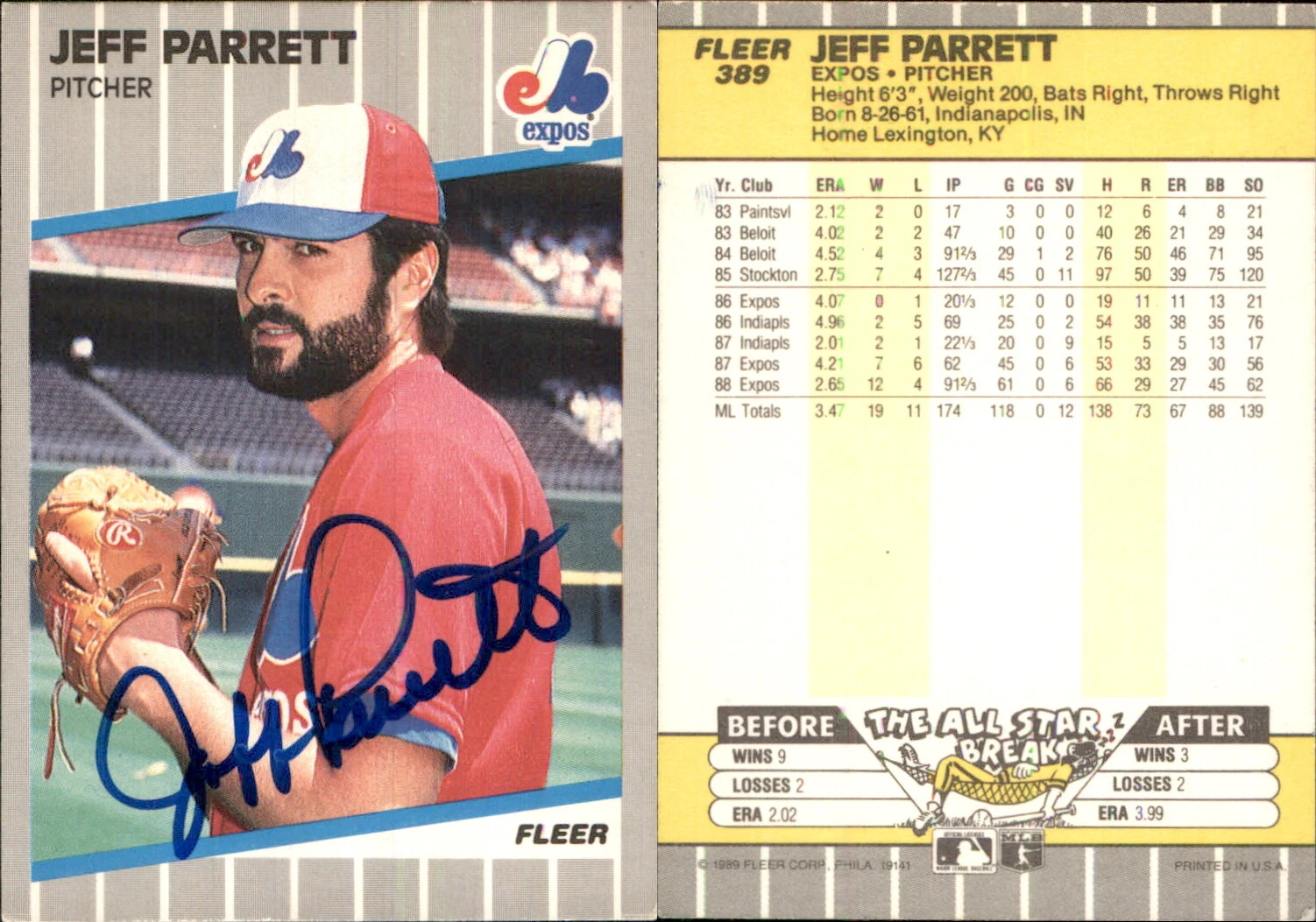 Jeff Parrett Signed 1989 Fleer #389 Card Montreal Expos Auto AU