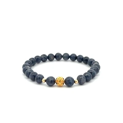 Pulsera de piedras preciosas zafiro 6 mm con dije de la suerte bola de dinero de oro de 18 quilates Foto 1 de 4