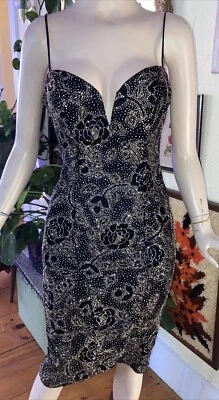 Vintage 80s 90s Sexy Velvet V Front Deep Plunge Glitter Mini Whimsigoth Dress XS - Image 1 of 4