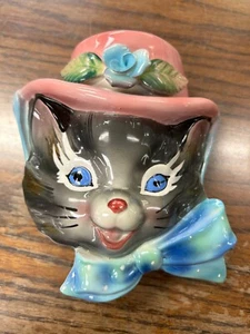 Bolsillo de pared Norcrest gris gatito gato arco azul raro, jardinera vintage años 50 Japón - Imagen 1 de 9