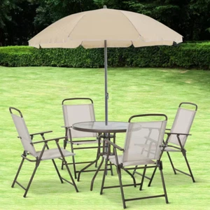 Outdoor 6-Pc Bistro Dining Set Beige– Table, 4 Folding Chairs & Patio Umbrella - Picture 1 of 7